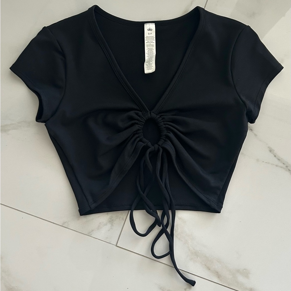 ALO Yoga Black Criss Cross Airbrush Short Sleeve Top